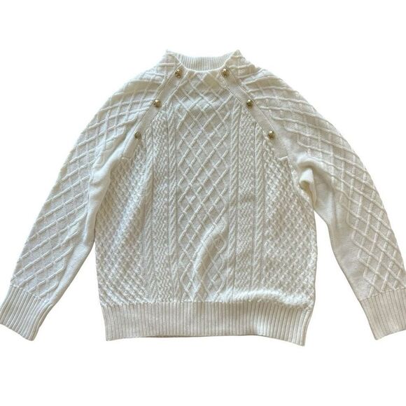 New Talbots Mock Neck Winter White Cable Knit Sweater Women’s Large Fisherman - Picture 1 of 6